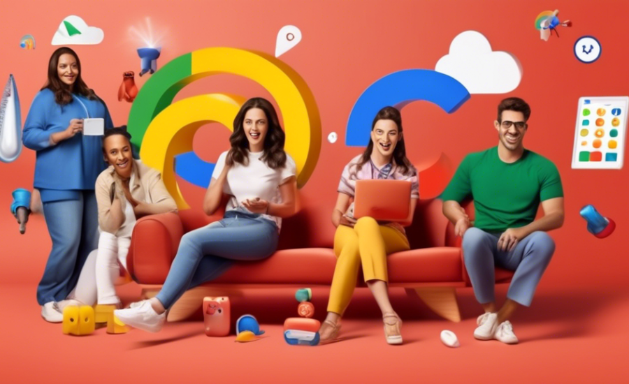 Demonstração visual de uma campanha de Google Ads bem-sucedida usando Google Perform Max, com cinco ícones representativos flutuando ao redor, cada um simbolizando um motivo chave para a escolha desta ferramenta.