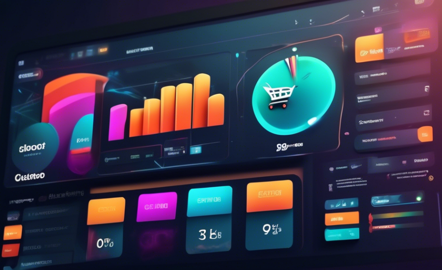 An animated e-commerce website dashboard displaying advanced customer segmentation tools with colorful graphs and pop-up notifications, in a bustling digital market atmosphere.