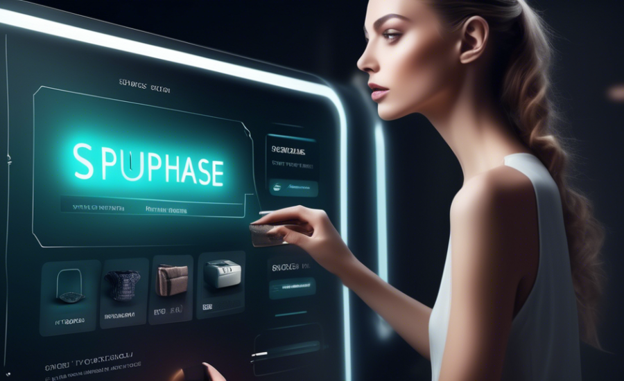 An engaging digital user interface displaying a seamless, intuitive shopping experience leading to a highlighted 'purchase' button, illustrated in a futuristic style to represent the pinnacle of UX design increasing conversions.