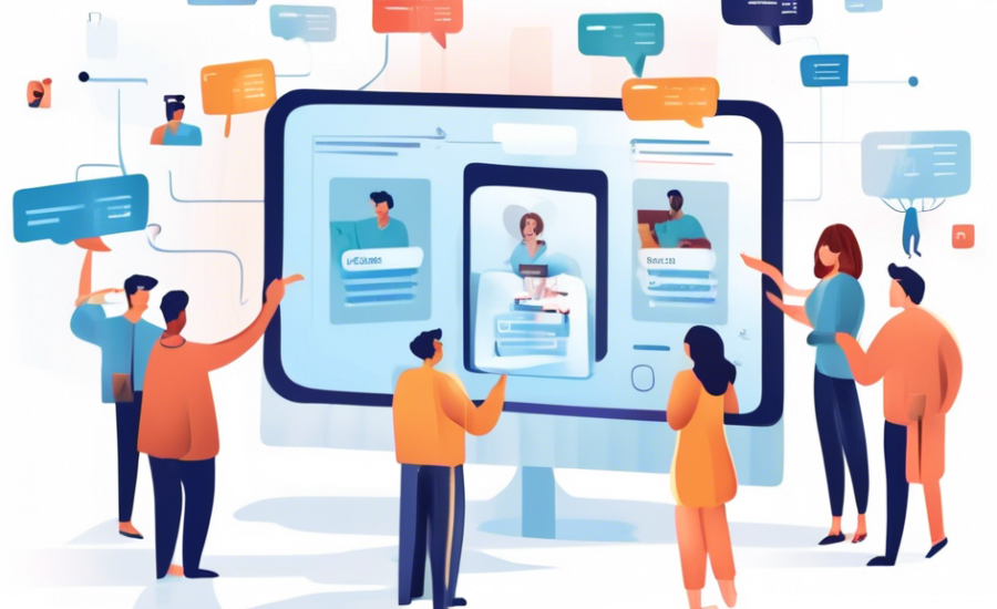 Digital marketplace platform comparison chart floating above a group of people discussing and pointing at the key features needed