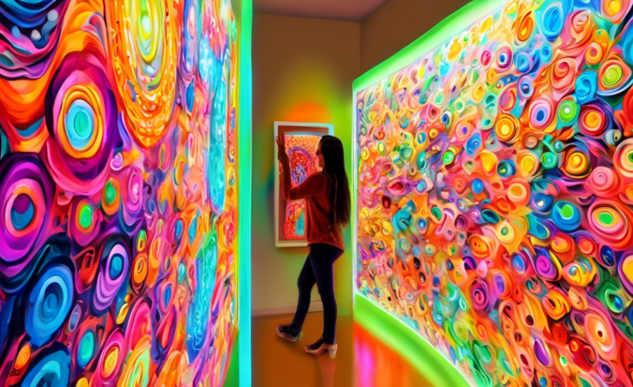 DALL-E, crie uma imagem de um artista feliz colocando uma pintura colorida em uma vitrine virtual luminosa, com ícones de redes sociais flutuando ao redor, simbolizando a venda de arte online.