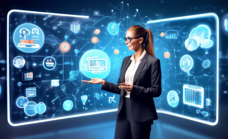 Digital illustration of a professional consultant presenting a successful e-commerce strategy on a futuristic interactive screen, with diverse online shopping icons and data analytics graphs floating around.