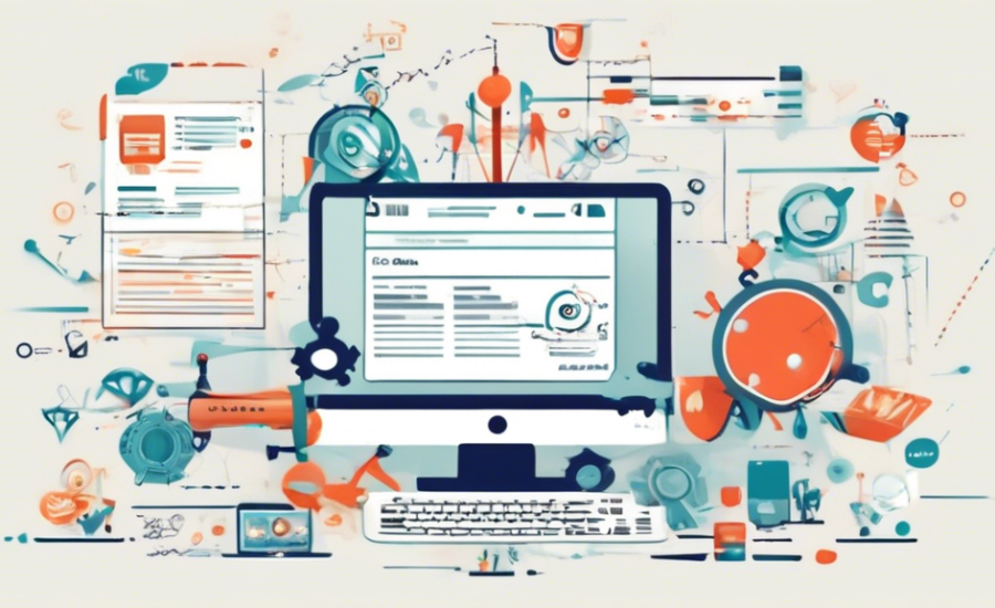 Dicas de SEO flutuando ao redor de uma página de produto estilizada em um computador, destacando palavras-chave, links de qualidade e conteúdo otimizado, numa atmosfera vibrante e tecnológica.