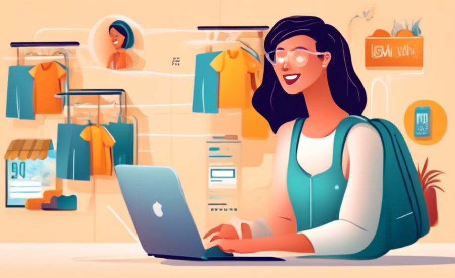 Uma ilustração digital dividida ao meio, de um lado mostrando um cliente modificando características de um produto em um site de e-commerce personalizado, e do outro lado, um cliente escolhendo entre opções pré-definidas de produtos customizáveis em um site de e-commerce.