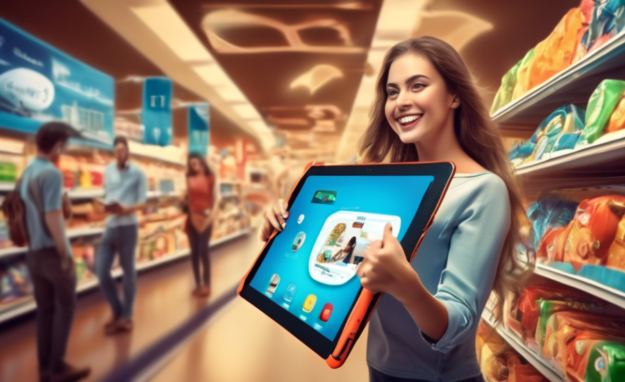 DALL-E, crie uma imagem de uma loja virtual cheia de clientes felizes navegando em um gigante tablet flutuante com ícones de carrinho de compras e etiquetas de promoção ao redor, simbolizando o sucesso em vendas no Mercado Livre.