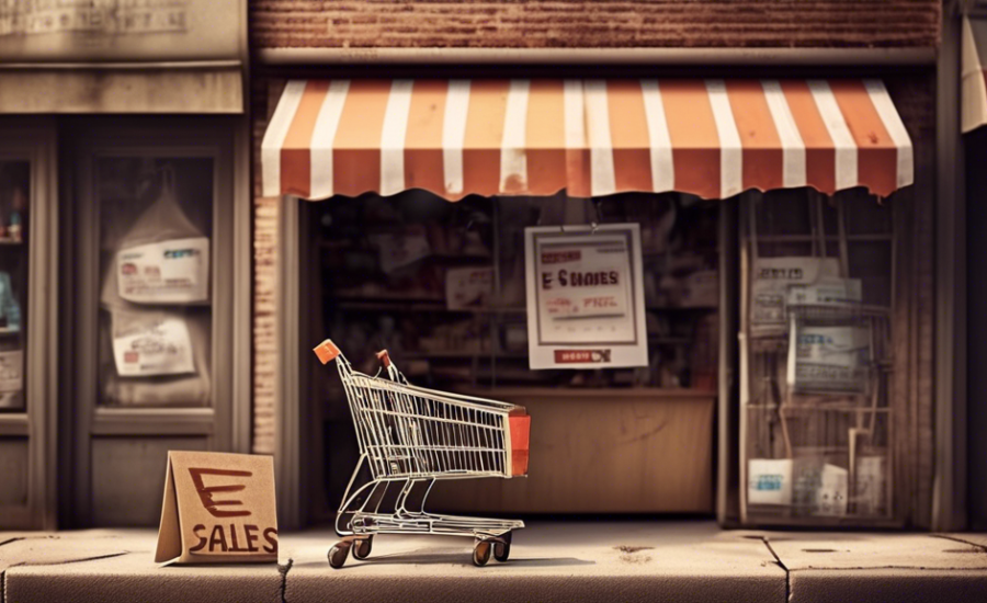 Visual representation of a struggling e-commerce website, displaying a screen with low sales charts, empty shopping carts, and a closed sign hanging on a storefront, with digital error icons and a dis