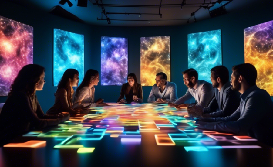 Diversas pessoas reunidas em torno de uma grande mesa de conferência, iluminada por luzes suaves, discutindo animadamente enquanto interagem com dispositivos digitais modernos; no fundo, uma grande tela digital exibe o gráfico colorido das '10 Estratégias de Marketing Digital Mais Usadas em 2024'.