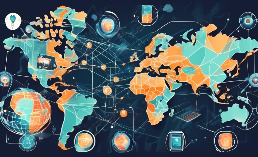 Uma ilustração digital vibrante mostrando um arsenal futurista e elegante de dispositivos e ferramentas digitais flutuando sobre um mapa do mundo conectado, com ícones de várias redes sociais populares integrados, representando as melhores ferramentas para gerenciar redes sociais em 2023.