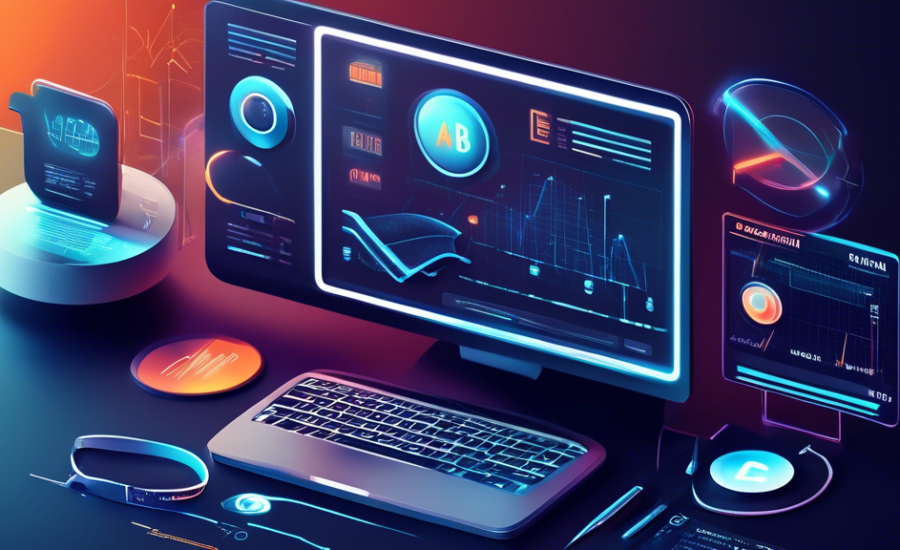 A sleek and modern digital illustration showcasing three distinctive, futuristic tools hovering above a computer screen displaying graphs and conversion rates, illustrating the power of A/B testing in digital marketing.