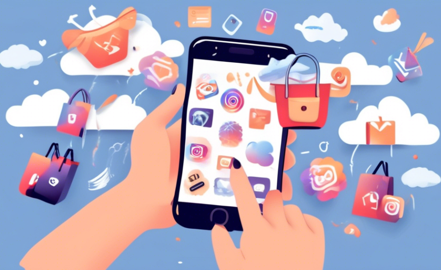 Ilustração de um pequeno empresário ativando o Instagram Shopping em seu celular, com ícones de compras flutuando em nuvens ao redor, simbolizando a Nuvemshop.
