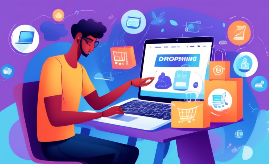 Digital illustration of a young entrepreneur setting up an online store on a laptop with floating icons representing dropshipping, digital marketing, and e-commerce solutions, all in a bright and modern virtual space.