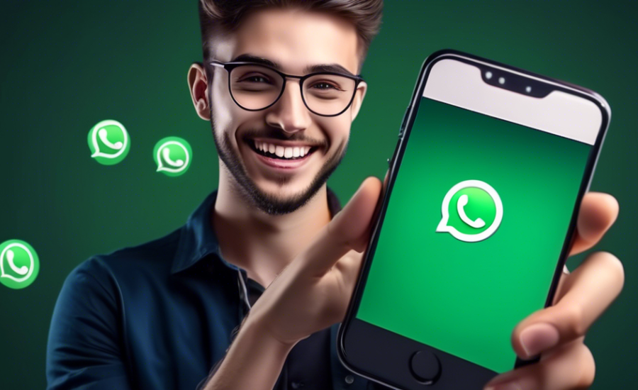 Imagem realista de um empresário jovem, sorridente, segurando um smartphone exibindo a tela de criação de uma conta comercial no WhatsApp, com ícones de negócios virtuais flutuantes ao seu redor, em um escritório moderno e bem iluminado.