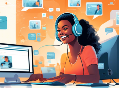 An illustration of a friendly customer service representative wearing headphones and smiling, sitting at a modern desk with multiple computer screens displaying dropshipping store interfaces, set in a