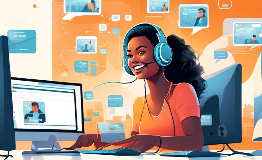 An illustration of a friendly customer service representative wearing headphones and smiling, sitting at a modern desk with multiple computer screens displaying dropshipping store interfaces, set in a