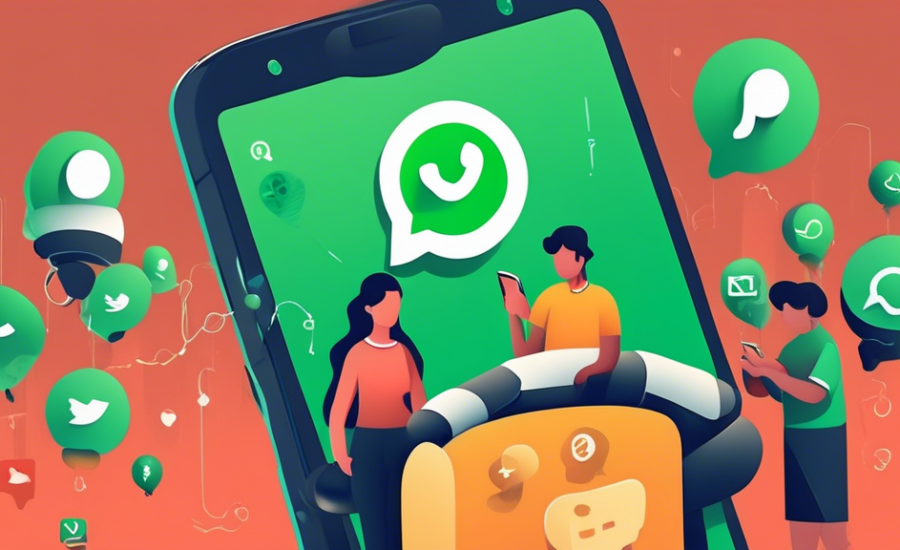 Ilustração de uma pessoa utilizando o WhatsApp no celular para enviar mensagens profissionais e germar leads, com ícones de balões de conversa contendo símbolos de checkmark, gráficos de crescimento e contatos ao redor, em um ambiente de escritório digital.