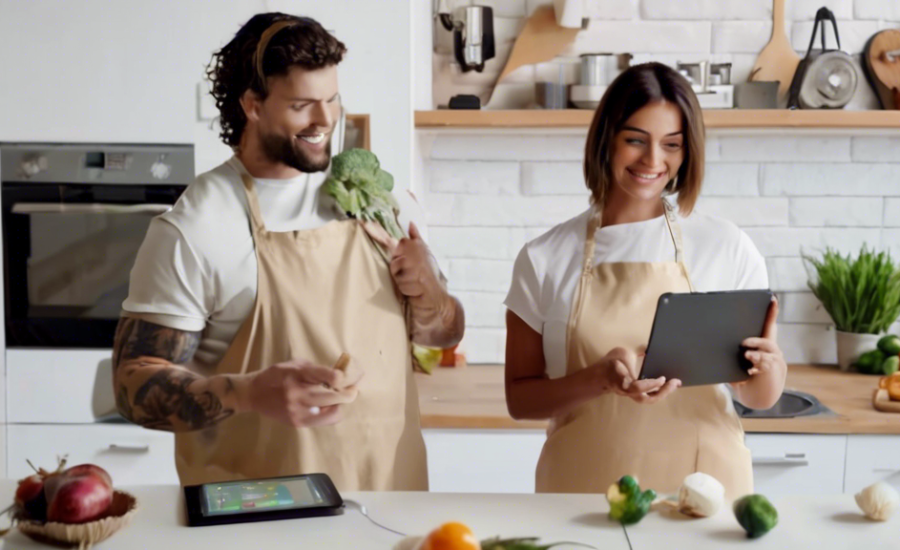 DALL-E, crie uma imagem de um homem e uma mulher em uma cozinha comercial moderna, usando tablets para gerenciar uma série de pedidos online, com várias telas mostrando diferentes estágios de pedidos, desde a preparação até a entrega, e um quadro com dicas de eficiência ao fundo.