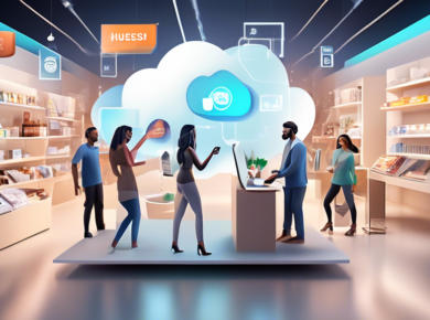 Digital illustration of a modern virtual store setup on Nuvemshop platform, featuring diverse small business owners collaborating with specialized agency professionals, depicting integration of ecomme