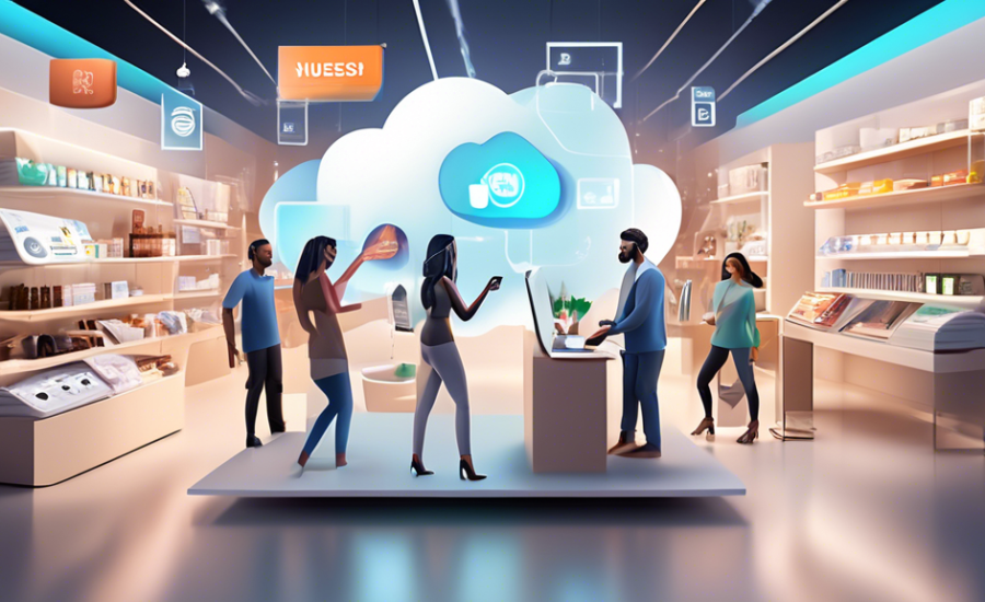 Digital illustration of a modern virtual store setup on Nuvemshop platform, featuring diverse small business owners collaborating with specialized agency professionals, depicting integration of ecomme