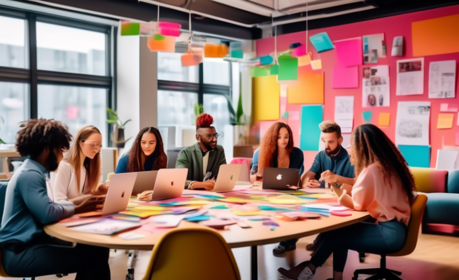 An image of a young, diverse group of creative professionals brainstorming TikTok advertising strategies around a large, modern conference table filled with digital devices and colorful notes, in a br