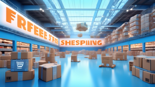 An imaginative digital artwork showing a bustling modern e-commerce warehouse filled with packages, drones and robots efficiently sorting items, with a giant, glowing 'Free Shipping' sign overhead in