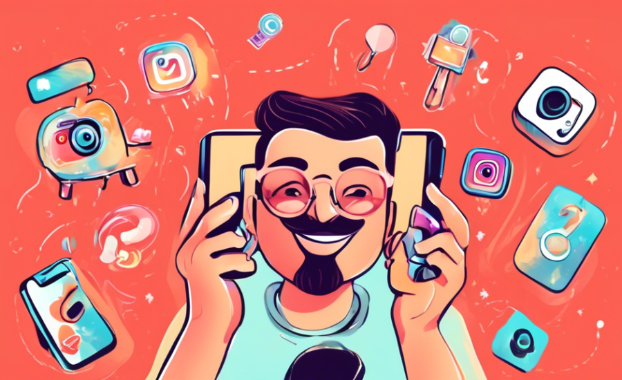 uma ilustração de uma pessoa feliz recuperando o acesso à sua conta do Instagram usando um smartphone gigante, com ícones de chave e senha flutuando ao redor, em um estilo colorido e amigável