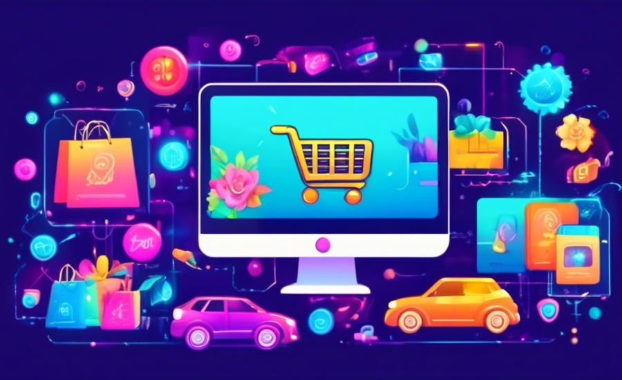 Ilustração colorida e otimista de pequenos negócios digitais florescendo com ícones de carrinho de compras, setas de crescimento e dispositivos móveis repletos de aplicativos de e-commerce, em um cenário vibrante que simboliza a revitalização e aumento de vendas em e-commerce.