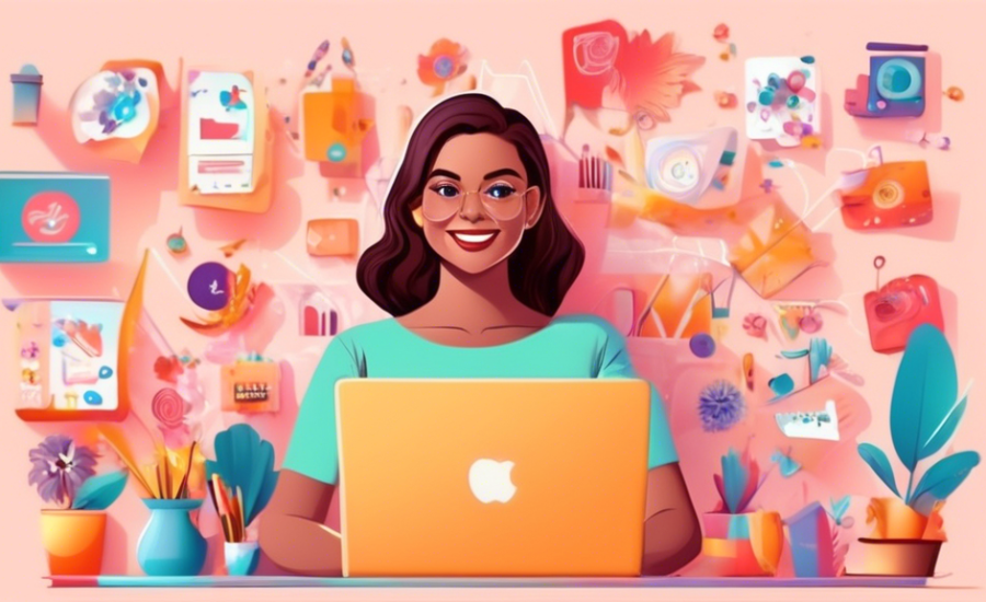 Criação artística de uma mulher empreendedora usando um laptop para projetar uma loja virtual colorida e atrativa, com ícones de produtos femininos diversos flutuando ao redor da tela, representando a venda online para o público feminino