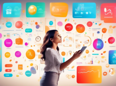 An enthusiastic entrepreneur standing in front of a virtual store interface, examining colorful graphs showing different market niches and their profit margins, with digital icons representing various