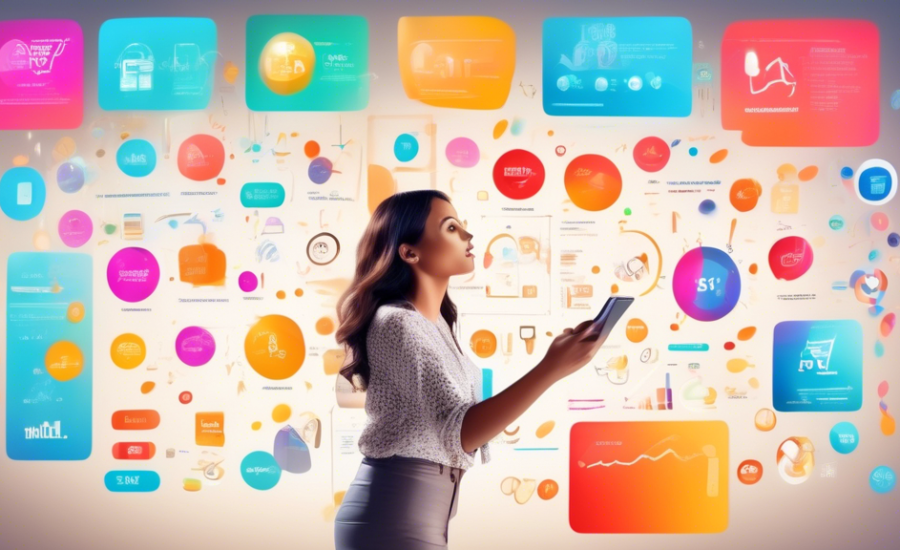 An enthusiastic entrepreneur standing in front of a virtual store interface, examining colorful graphs showing different market niches and their profit margins, with digital icons representing various