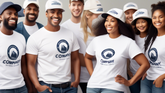 A diverse group of people smiling and interacting together while wearing a brand's t-shirt and hat, with a company logo in the background