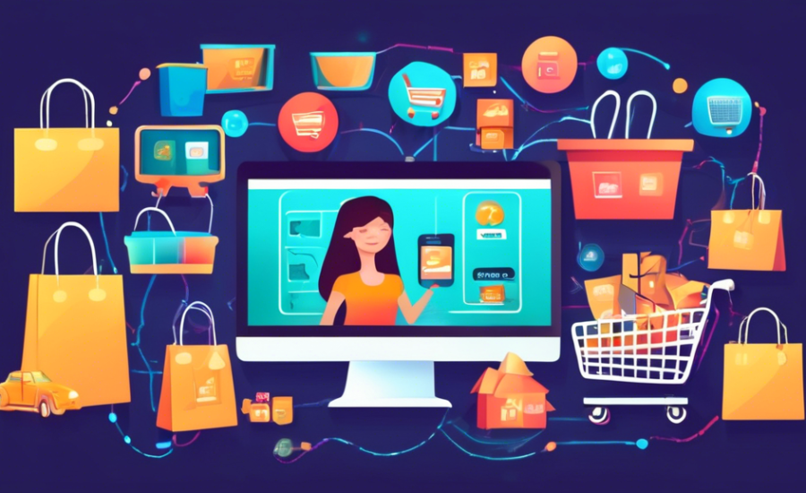 Uma colagem digital ilustrando diferentes aspectos do e-commerce de produtos, incluindo um carrinho de compras virtual cheio de produtos variados, um consumidor feliz fazendo compras de casa no seu computador, e um gráfico de crescimento de vendas, tudo conectado por linhas de código e redes globais.