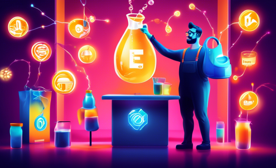 Create a vibrant, digital illustration of a digital marketing expert pouring a glowing, liquid link symbol from a modern pitcher into several miniature e-commerce shop fronts, symbolizing the distribution of Link Juice in an e-commerce environment.