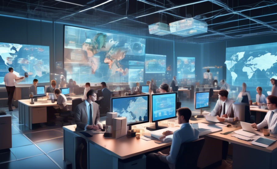 An intricate digital artwork of a bustling online dropshipping business office with visible screens displaying various global maps and legal documents, people in business attire discussing plans, surr