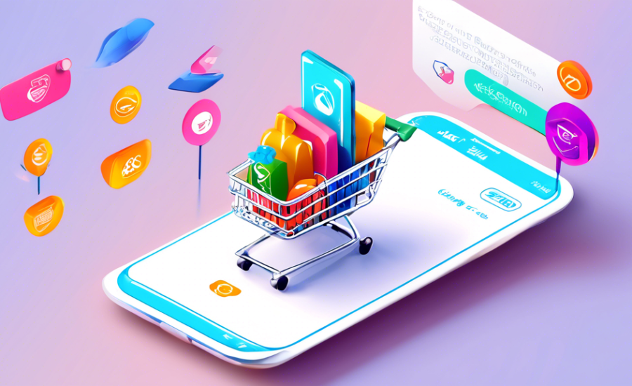 Ilustração colorida de um funil de vendas em 3D com ícones de e-commerce como carrinhos de compras, embalagens, celulares e setas indicativas de progresso, em um fundo com gráficos de crescimento de vendas.