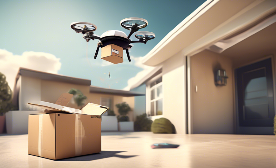 Digital artwork of a futuristic delivery drone dropping off a package at a smart home doorstep, with a visible e-commerce interface on the homeowner's smartphone showing 'Entrega Programada' status.