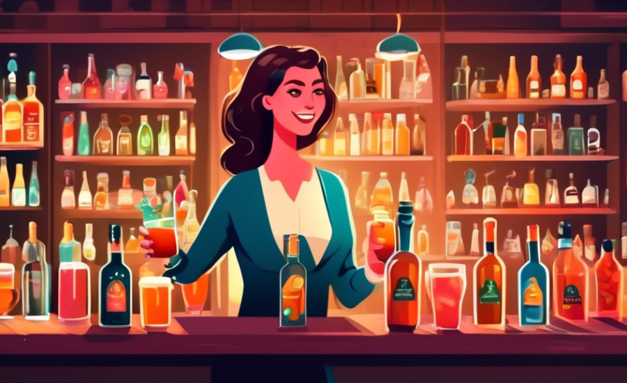 Uma ilustração colorida mostrando uma loja virtual elegante de bebidas alcoólicas com garrafas digitais em destaque, ícones de compra e pessoas usando dispositivos para pedir online.