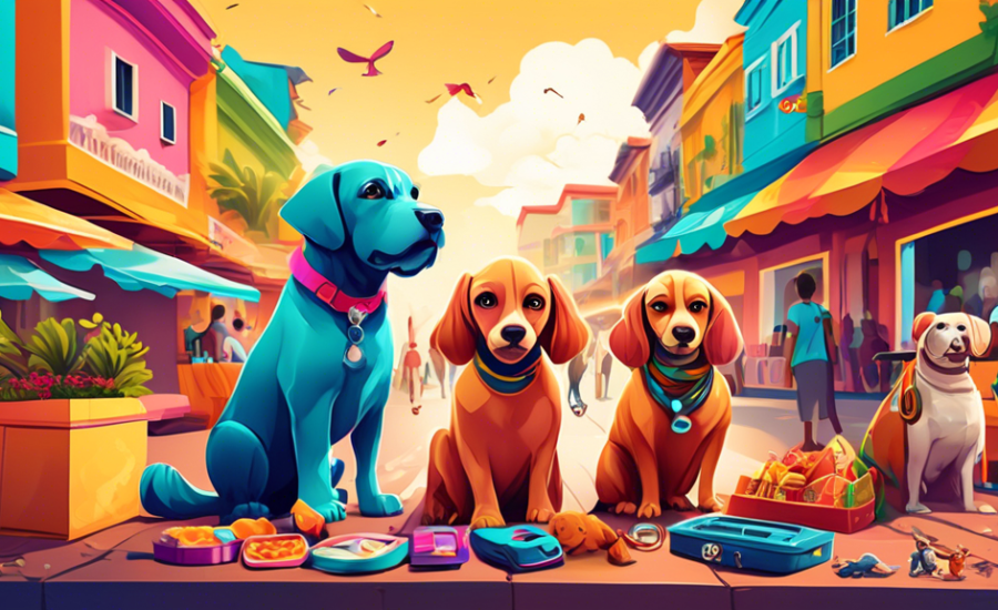Colorful and vibrant digital marketplace bustling with animated pets shopping for accessories, set against the backdrop of famous Brazilian landmarks.