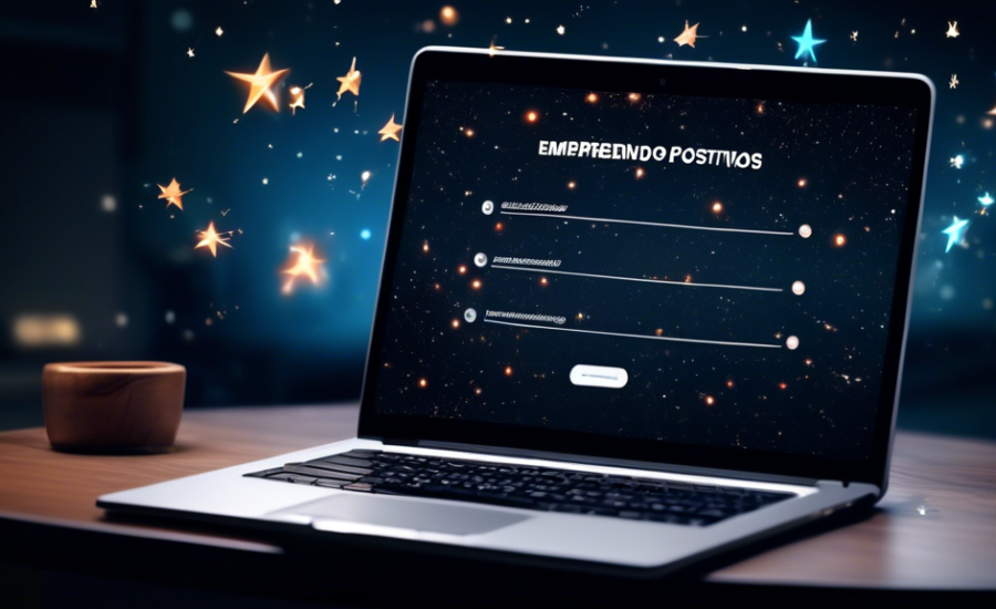 Empreendedor analisando comentários positivos e negativos no site Reclame Aqui em um laptop, com ícones de estrelas e polegares para cima flutuando ao redor, em um escritório moderno e bem iluminado.