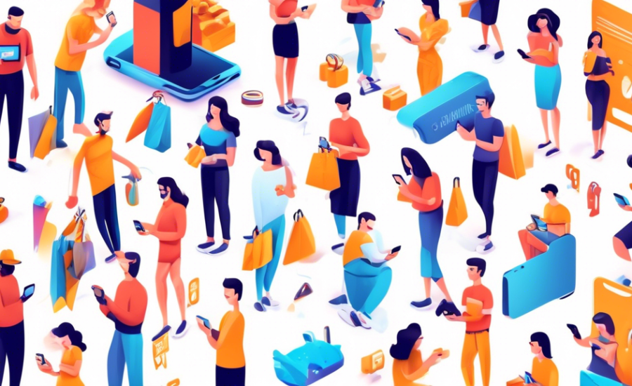 Dall-E, ilustre uma imagem moderna e vibrante, mostrando influenciadores digitais diversos, com smartphones em mãos, rodeados por ícones de compras online e embalagens de produtos, destacando o impacto positivo no e-commerce, tudo em um cenário digital futurista.