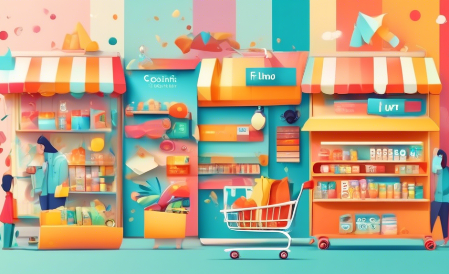 Ilustração digital mostrando diversos pequenos produtos coloridos fluindo de um grande funil para um carrinho de compras online, representando a estratégia de long tail no e-commerce, com gráficos de crescimento ao fundo.