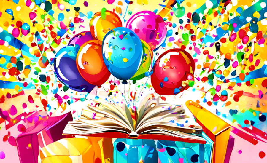 Ilustração de uma pilha colorida de livros com laços de presente em torno deles, cercada por globos terrestres pequenos e óculos de leitura, sob um fundo decorado com confetes e fitas, celebrando o Dia Mundial do Livro.