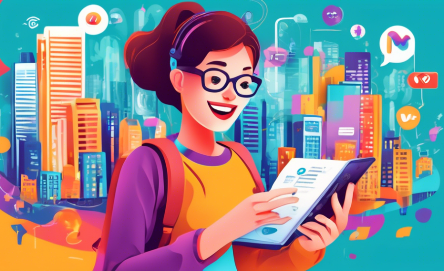 An enthusiastic beginner learning Meta Ads on a colorful, illustrated guidebook with practical tips and icons of social media platforms floating around, all set against the backdrop of a bustling digital city.