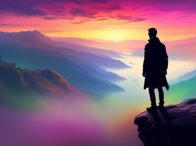 An evocative digital painting of a person standing on a cliff edge, overlooking a wide, misty valley at sunrise. Their silhouette is highlighted against the colorful sky, symbolizing a moment of decis