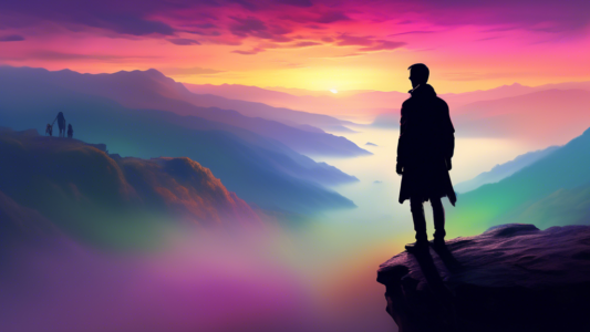 An evocative digital painting of a person standing on a cliff edge, overlooking a wide, misty valley at sunrise. Their silhouette is highlighted against the colorful sky, symbolizing a moment of decis