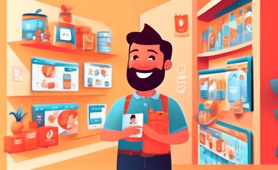 Uma animação de um vendedor sorridente em uma loja virtual, segurando produtos complementares em cada mão, com ícones representativos de dicas estratégicas flutuando ao redor, em um fundo temático de estratégia de vendas cruzadas