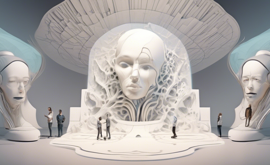 Uma ilustração vibrante mostrando três pilares esculpidos em mármore, cada um gravado com uma palavra: 'Criatividade', 'Colaborar' e 'Executar', em um cenário futurista com invenções voadoras e pessoas trocando ideias ao redor.