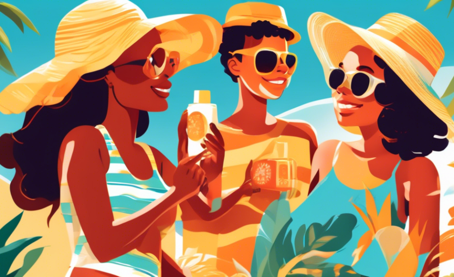 An illustrated guidebook cover showcasing diverse people of all ages applying sunscreen under a bright sun, with tropical palm trees and a clear blue sky in the background, emphasizing the importance of sun protection.