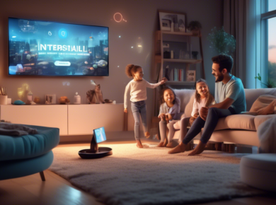 Modern living room scene with a happy family shopping on a smart TV, interactive graphics and futuristic digital interfaces floating around the screen, showcasing various products and easy payment met