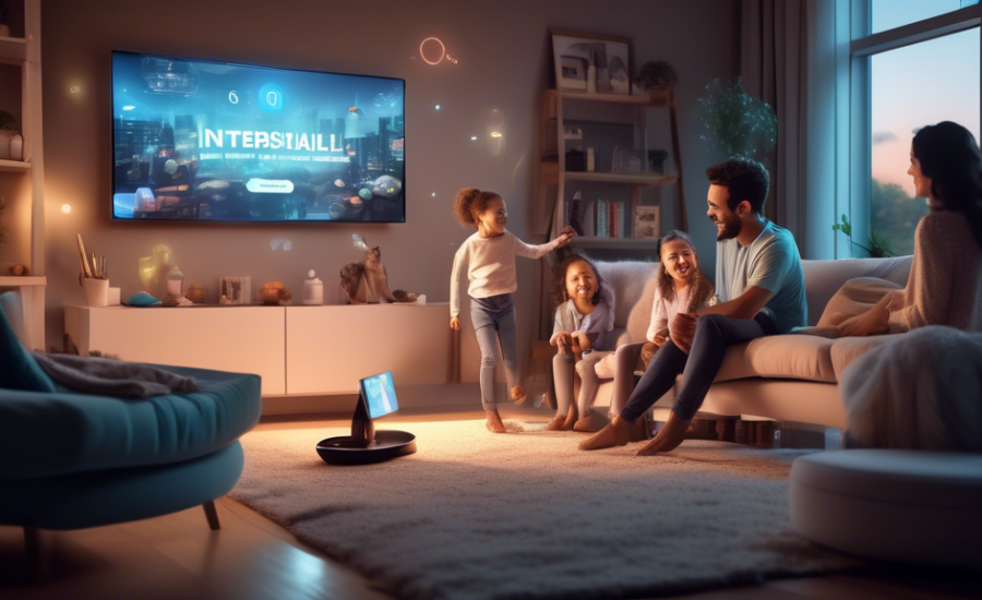 Modern living room scene with a happy family shopping on a smart TV, interactive graphics and futuristic digital interfaces floating around the screen, showcasing various products and easy payment met
