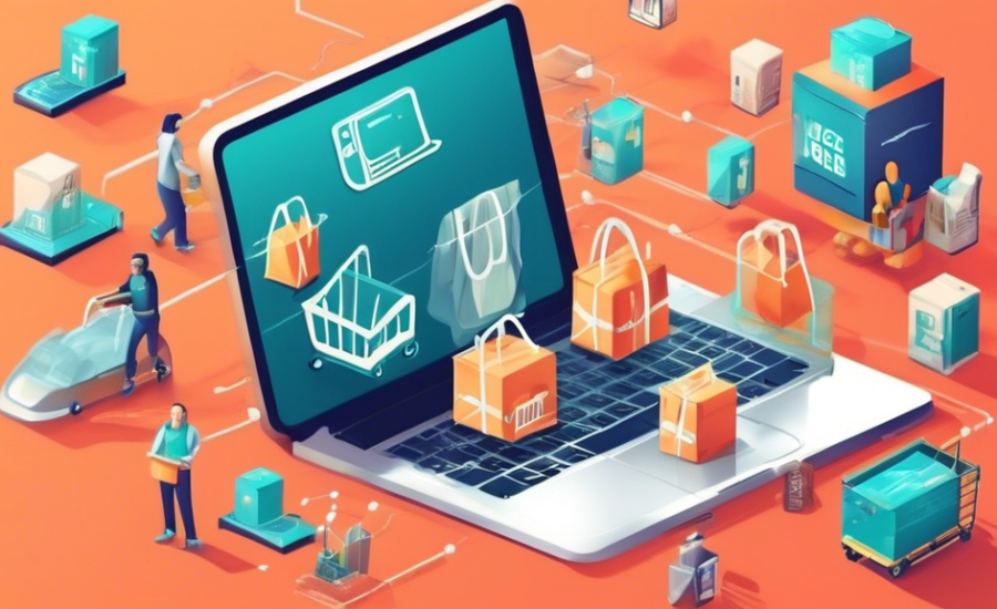 DALL-E, gere uma imagem representativa da transição do e-commerce tradicional para a revolucionária Web 3.0, incluindo elementos digitais futuristas, cestas de compras transformando-se em cubos digitais flutuantes e avatares de consumidores navegando em um mercado virtual tridimensional.